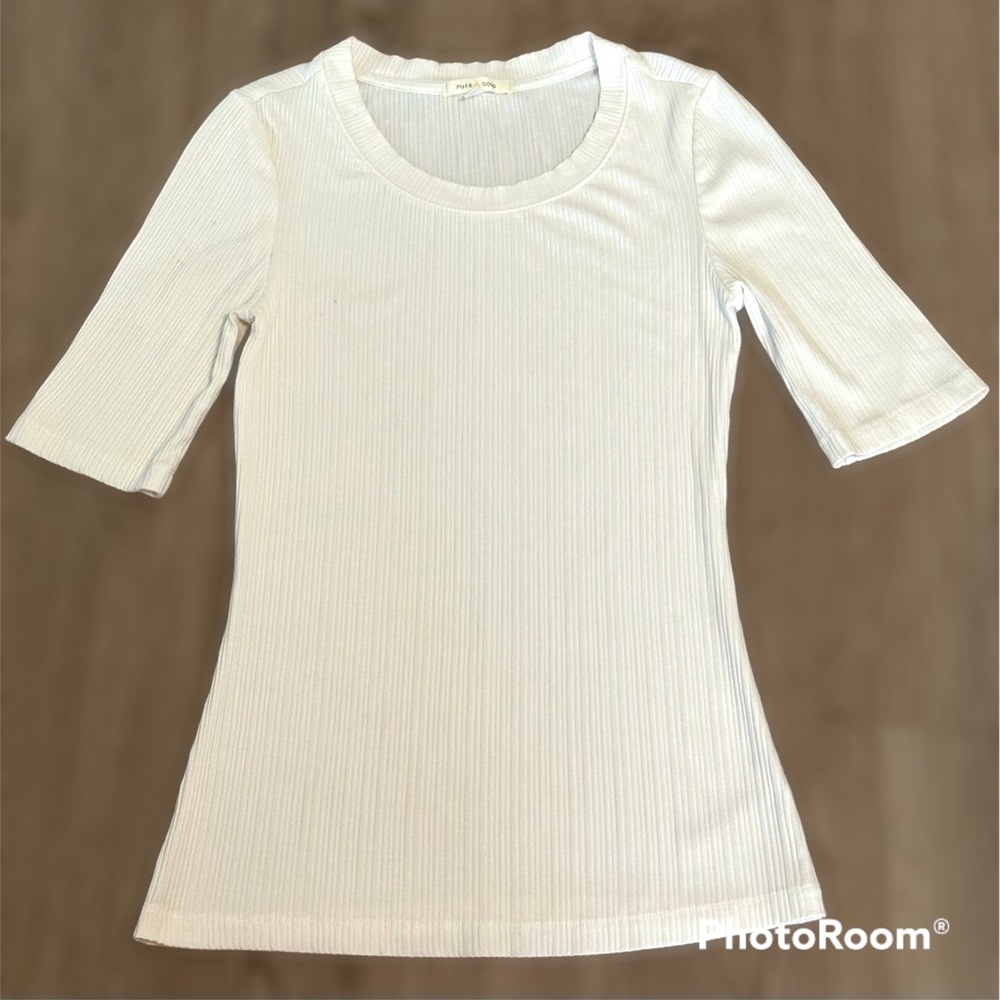 Anthropologie White 3/4 Sleeve Ribbed Top size Small in excellent condition
